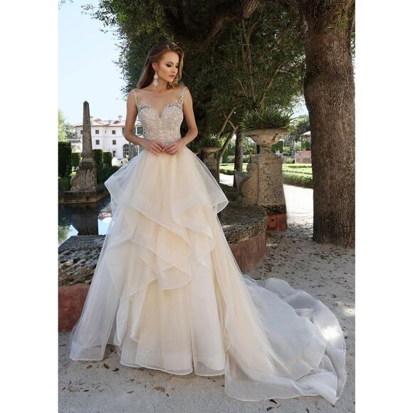 Ashley and Justin Ivory wedding dressrhinestone bodice ballgown ruffled layers